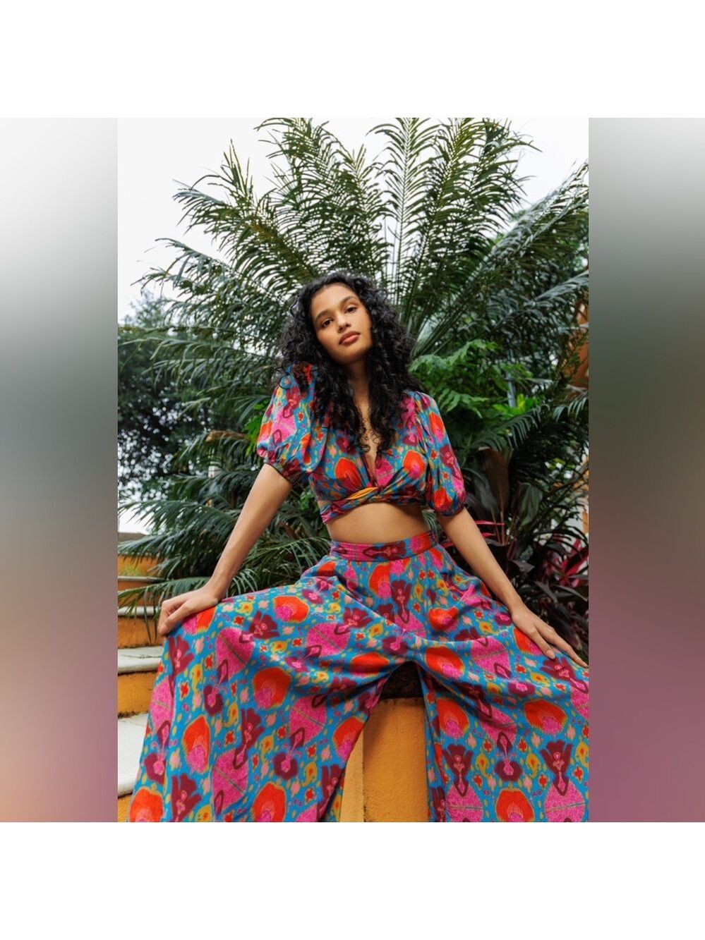 ✨ Anthropologie Ollari New York Ikat Silk-Feel Crop Top & Wide Leg Pant Set - L